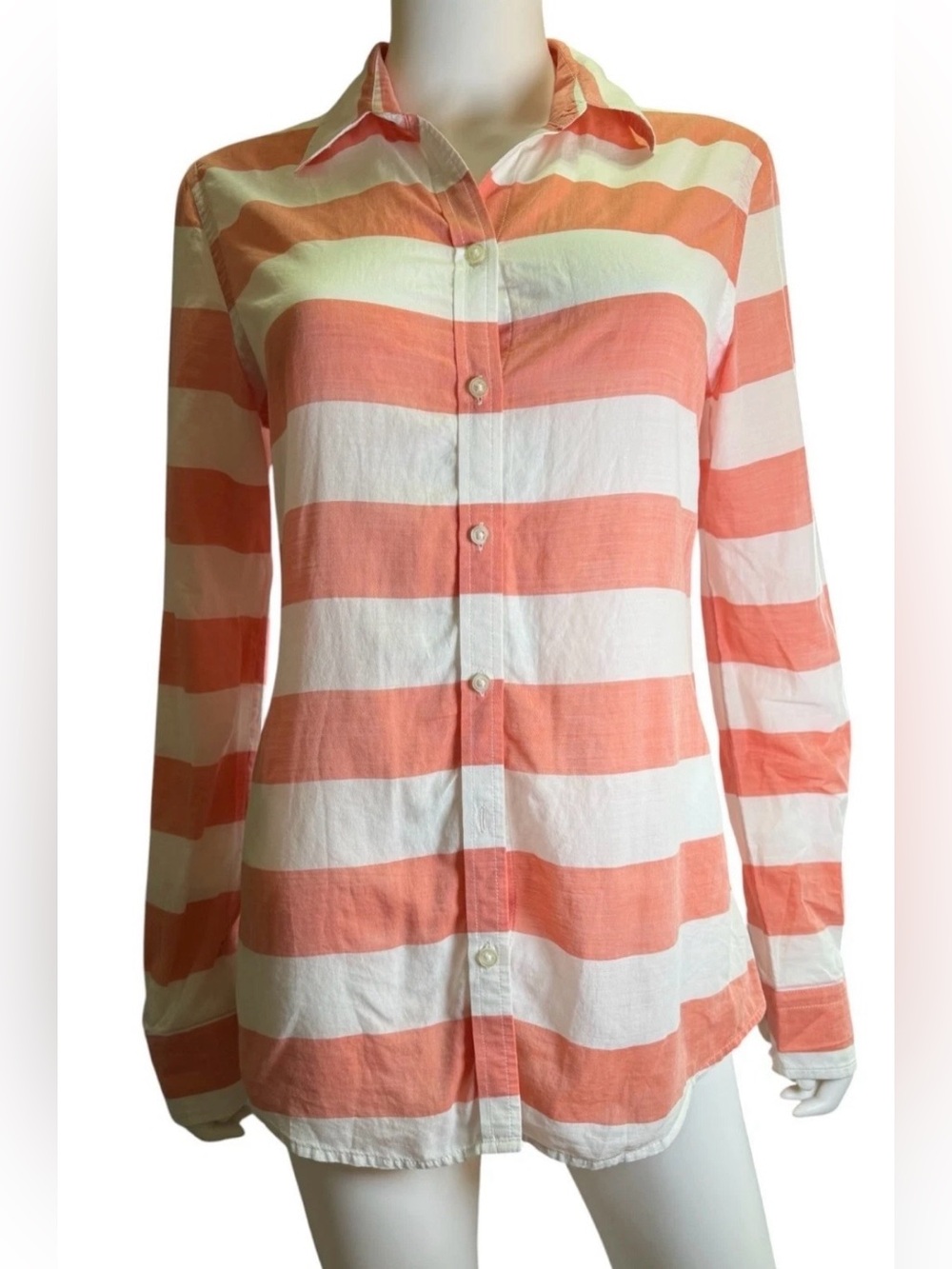 Banana Republic Shirt Womens XS Orange White Button Up Top Sheer Collared